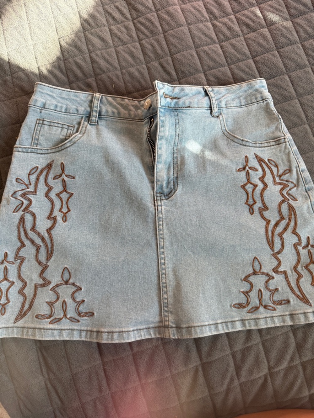 Lucky & Blessed Light Blue Denim Mini Skirt with Brown Embroidery